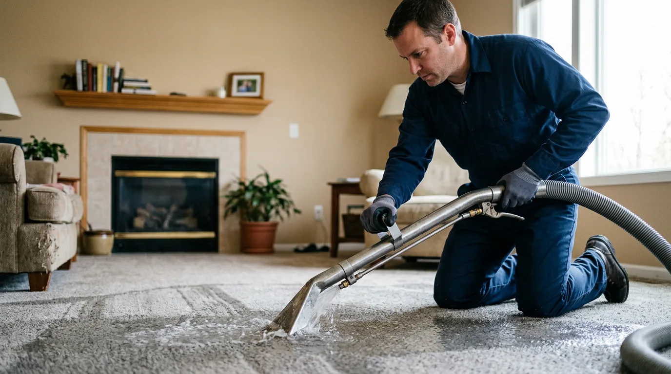 Water damage restoration technician working near Hampton, IL